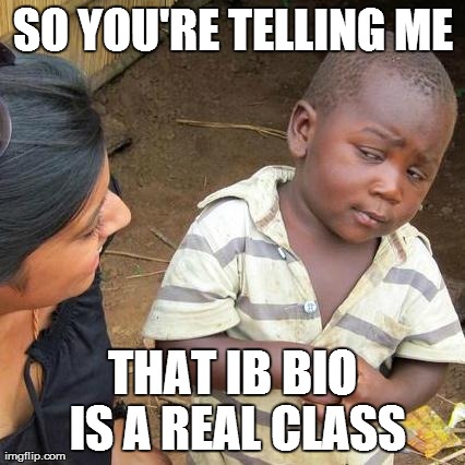 Third World Skeptical Kid | SO YOU'RE TELLING ME THAT IB BIO IS A REAL CLASS | image tagged in memes,third world skeptical kid | made w/ Imgflip meme maker