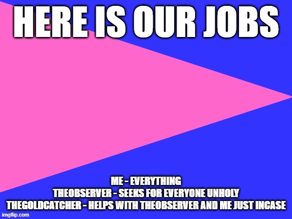 TheBlueJackets flag | HERE IS OUR JOBS; ME - EVERYTHING
THEOBSERVER - SEEKS FOR EVERYONE UNHOLY
THEGOLDCATCHER - HELPS WITH THEOBSERVER AND ME JUST INCASE | image tagged in thebluejackets flag | made w/ Imgflip meme maker