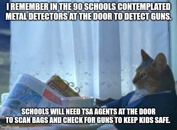 I Should Buy A Boat Cat | I REMEMBER IN THE 90 SCHOOLS CONTEMPLATED METAL DETECTORS AT THE DOOR TO DETECT GUNS. SCHOOLS WILL NEED TSA AGENTS AT THE DOOR TO SCAN BAGS AND CHECK FOR GUNS TO KEEP KIDS SAFE. | image tagged in memes,i should buy a boat cat | made w/ Imgflip meme maker