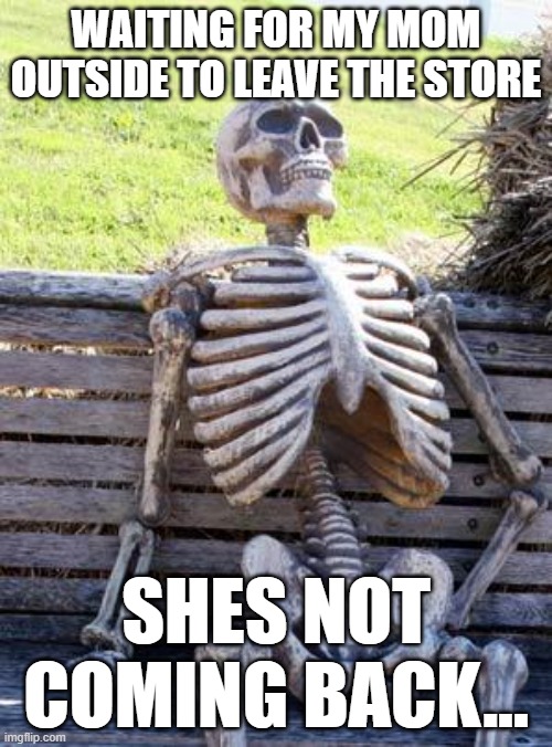 lol | WAITING FOR MY MOM OUTSIDE TO LEAVE THE STORE; SHES NOT COMING BACK... | image tagged in memes,waiting skeleton | made w/ Imgflip meme maker