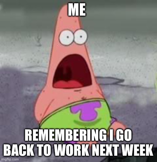 School Staff | ME; REMEMBERING I GO BACK TO WORK NEXT WEEK | image tagged in suprised patrick | made w/ Imgflip meme maker