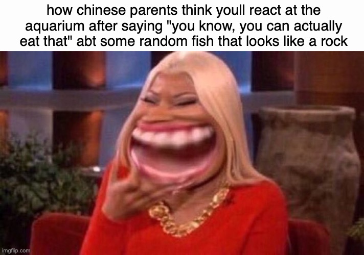 im saying chinese bc no one else i know of has had this experience except for my fellow chinese ppl | how chinese parents think youll react at the aquarium after saying "you know, you can actually eat that" abt some random fish that looks like a rock | made w/ Imgflip meme maker