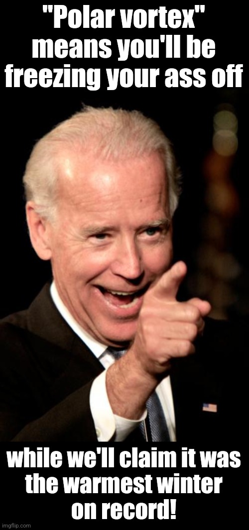 Smilin Biden Meme | "Polar vortex"
means you'll be
freezing your ass off while we'll claim it was
the warmest winter
on record! | image tagged in memes,smilin biden | made w/ Imgflip meme maker
