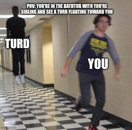 floating boy chasing running boy | POV: YOU'RE IN THE BATHTUB WITH YOU'RE SIBLING AND SEE A TURD FLOATING TOWARD YOU; TURD; YOU | image tagged in floating boy chasing running boy | made w/ Imgflip meme maker