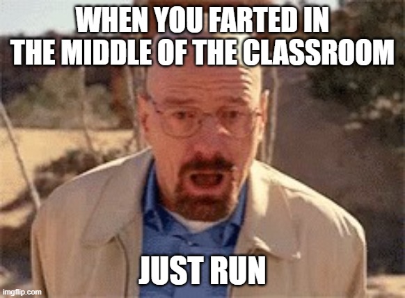 we all did this at least once... | WHEN YOU FARTED IN THE MIDDLE OF THE CLASSROOM; JUST RUN | image tagged in walter white | made w/ Imgflip meme maker