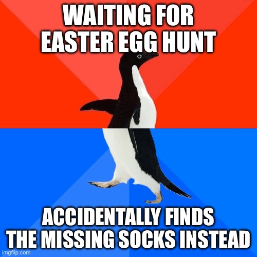 True? | WAITING FOR EASTER EGG HUNT; ACCIDENTALLY FINDS THE MISSING SOCKS INSTEAD | image tagged in memes,socially awesome awkward penguin,funny | made w/ Imgflip meme maker