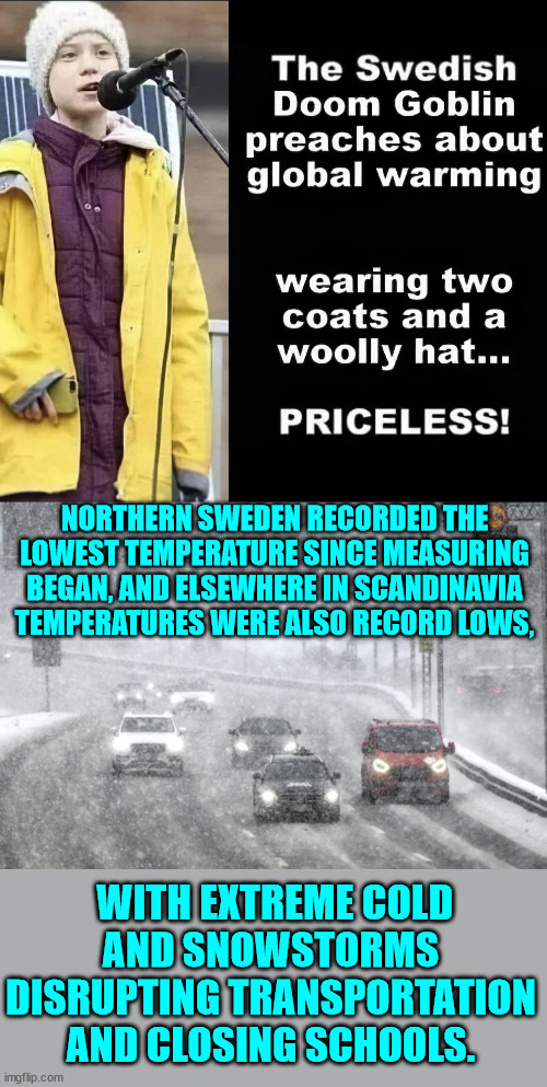 Northern Sweden Just Registered -46ºF, the Lowest Temperature Ever Recorded in the Region | NORTHERN SWEDEN RECORDED THE LOWEST TEMPERATURE SINCE MEASURING BEGAN, AND ELSEWHERE IN SCANDINAVIA TEMPERATURES WERE ALSO RECORD LOWS, WITH EXTREME COLD AND SNOWSTORMS DISRUPTING TRANSPORTATION AND CLOSING SCHOOLS. | image tagged in climate change,global warming,scam,hoax | made w/ Imgflip meme maker