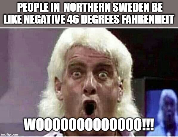 damn that's cold.LOL | PEOPLE IN  NORTHERN SWEDEN BE LIKE NEGATIVE 46 DEGREES FAHRENHEIT; WOOOOOOOOOOOOO!!! | image tagged in ric flair whooo,climate change,global warming,sweden,north | made w/ Imgflip meme maker