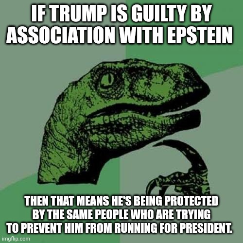 Make this make sense. | IF TRUMP IS GUILTY BY ASSOCIATION WITH EPSTEIN; THEN THAT MEANS HE'S BEING PROTECTED BY THE SAME PEOPLE WHO ARE TRYING TO PREVENT HIM FROM RUNNING FOR PRESIDENT. | image tagged in memes,philosoraptor | made w/ Imgflip meme maker