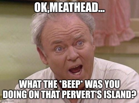 Ok, Meathead... WTF was doing that pervert island? | OK,MEATHEAD... WHAT THE *BEEP* WAS YOU DOING ON THAT PERVERT'S ISLAND? | image tagged in archie bunker | made w/ Imgflip meme maker