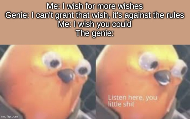 When you try to eliminate a genie's rule | Me: I wish for more wishes
Genie: I can't grant that wish, it's against the rules
Me: I wish you could
The genie: | image tagged in listen here you little shit bird | made w/ Imgflip meme maker