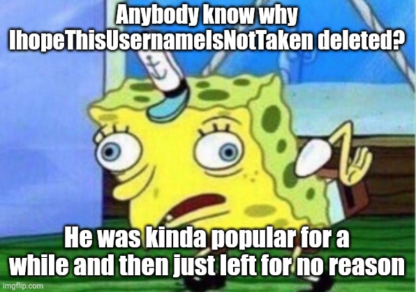 Mocking Spongebob Meme | Anybody know why IhopeThisUsernameIsNotTaken deleted? He was kinda popular for a while and then just left for no reason | image tagged in memes,mocking spongebob | made w/ Imgflip meme maker