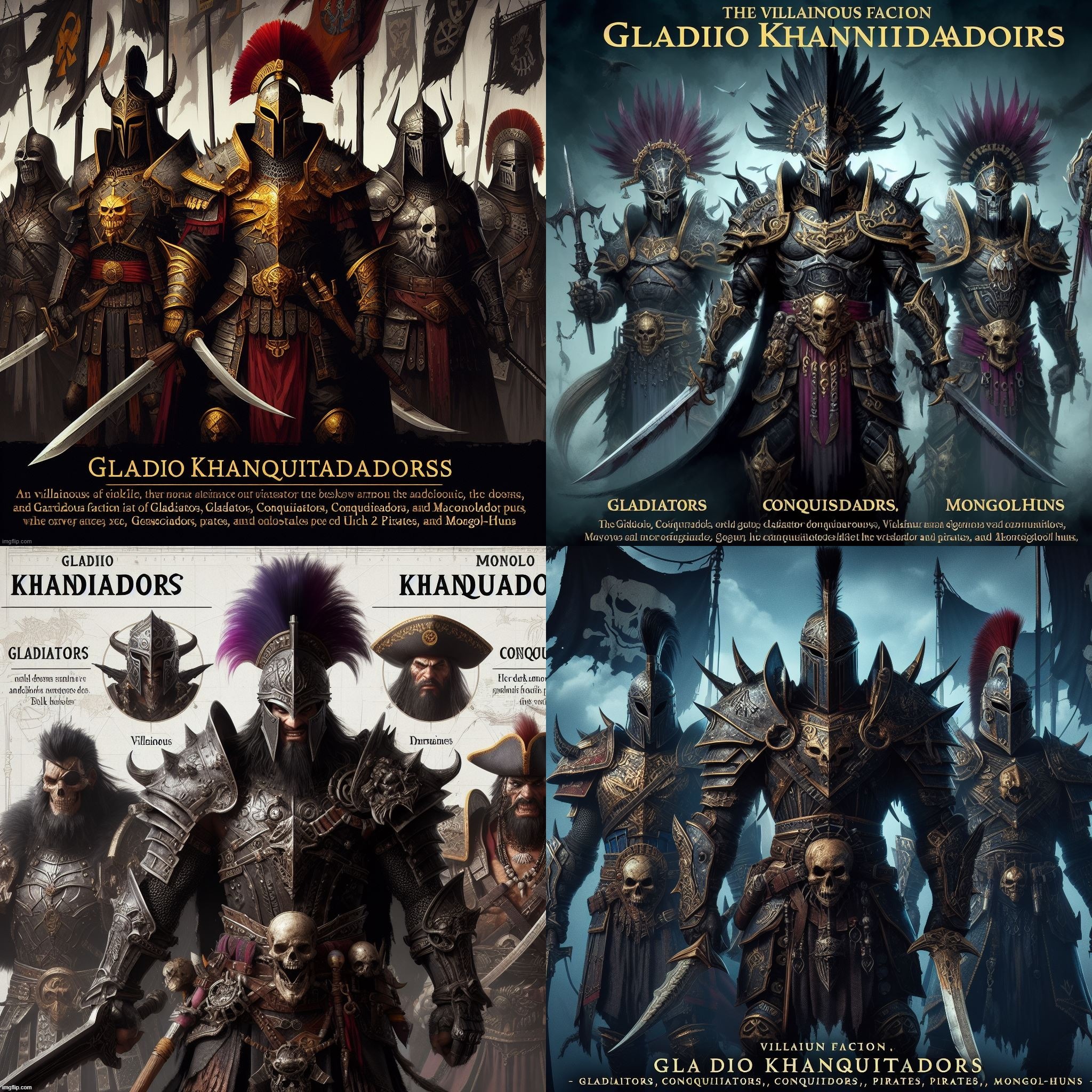 Ai Bing: Gladio Khanquistadors.Villians based on Gladiators, conquistadors, pirates, and Mongol-Huns. | image tagged in ai generated,villains,gladiator,pirates,mongol,conquistadors | made w/ Imgflip meme maker