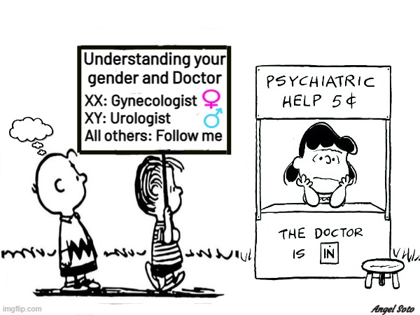 Charlie Brown, Linus and Lucy on genders | Understanding your
gender and Doctor; XX: Gynecologist
XY: Urologist
All others: Follow me; Angel Soto | image tagged in gender identity,gender confusion,transgender,charlie brown,lucy,linus | made w/ Imgflip meme maker