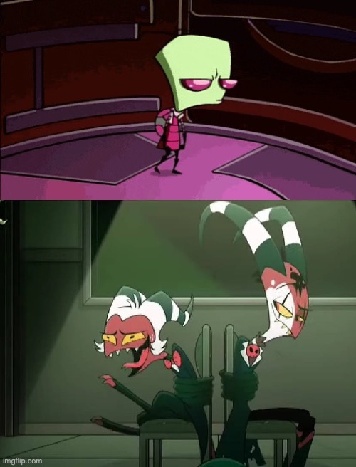 Moxxie Laughing at Zim's Little Dance | image tagged in helluva boss,invader zim | made w/ Imgflip meme maker