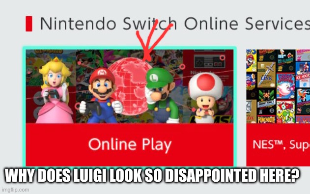 Please tell me Nintendo (Meme #207) | WHY DOES LUIGI LOOK SO DISAPPOINTED HERE? | image tagged in nintendo,nintendo switch online,gaming | made w/ Imgflip meme maker