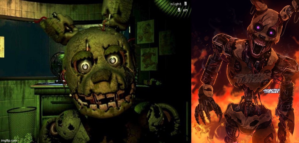 Springtrap and his strongest form (Burntrap). Could be Glitchtrap idk. Which Fnaf character next? | made w/ Imgflip meme maker
