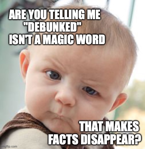 Debunked isn't a magic word? | ARE YOU TELLING ME
       "DEBUNKED"
ISN'T A MAGIC WORD; THAT MAKES 
FACTS DISAPPEAR? | image tagged in memes,skeptical baby,i like your funny words magic man | made w/ Imgflip meme maker