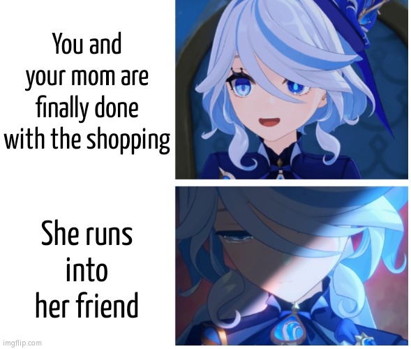 This is fine... | You and your mom are finally done with the shopping; She runs into her friend | image tagged in furina happy sad,memes,mom,shopping,friend | made w/ Imgflip meme maker