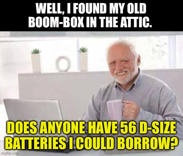 Boomer humor | WELL, I FOUND MY OLD BOOM-BOX IN THE ATTIC. DOES ANYONE HAVE 56 D-SIZE BATTERIES I COULD BORROW? | image tagged in harold | made w/ Imgflip meme maker