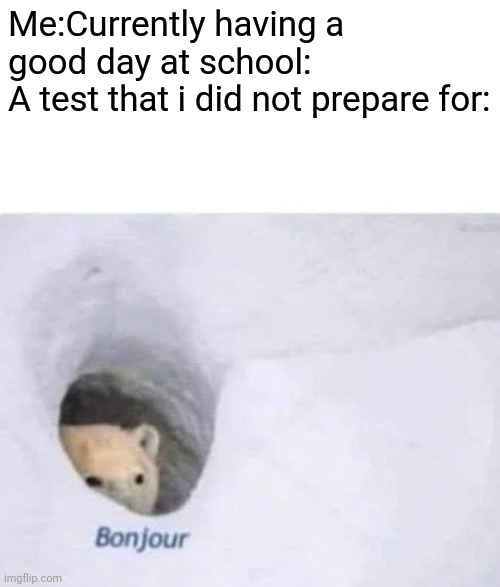 This can usually happen and is annoying | Me:Currently having a good day at school:
A test that i did not prepare for: | image tagged in bonjour,test,school | made w/ Imgflip meme maker