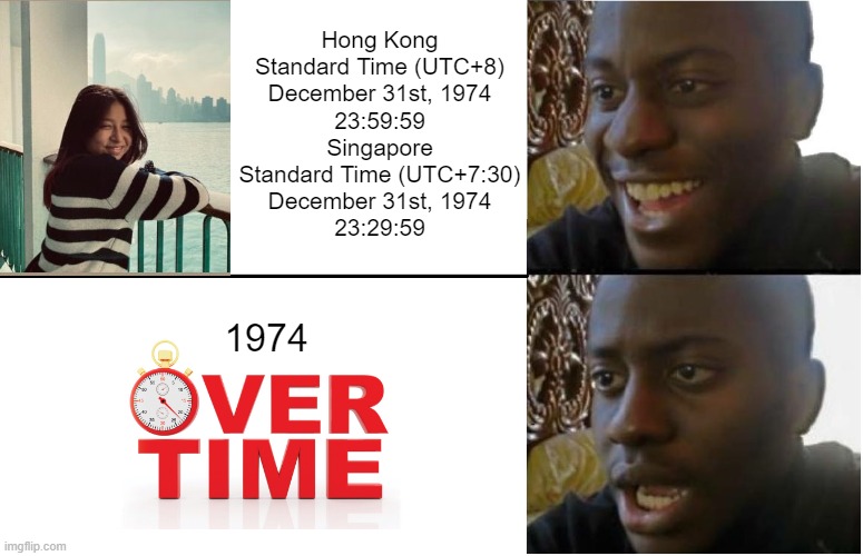 1974 OVERTIME FOR CELINE TAM! | Hong Kong
Standard Time (UTC+8)
December 31st, 1974
23:59:59
Singapore
Standard Time (UTC+7:30)
December 31st, 1974
23:29:59; 1974 | image tagged in disappointed black guy | made w/ Imgflip meme maker