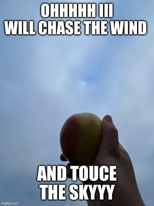 Random Nonsense | OHHHHH III WILL CHASE THE WIND; AND TOUCE THE SKYYY | image tagged in apple | made w/ Imgflip meme maker