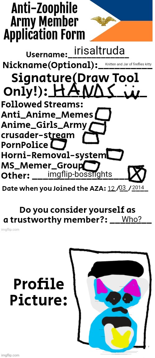 hmmm | irisaltruda; Knitten and Jar of fireflies kitty; imgflip-bossfights; 2014; 03; 12; Who? | image tagged in anti-zoophile army member application form,knittens of fellas | made w/ Imgflip meme maker