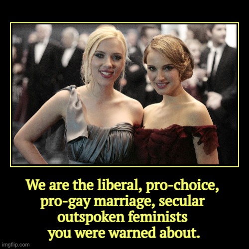 Scarlett and Natalie | We are the liberal, pro-choice, 
pro-gay marriage, secular 
outspoken feminists 
you were warned about. | | image tagged in funny,demotivationals,scarlett johansson,sarcastic natalie portman,liberal,feminists | made w/ Imgflip demotivational maker