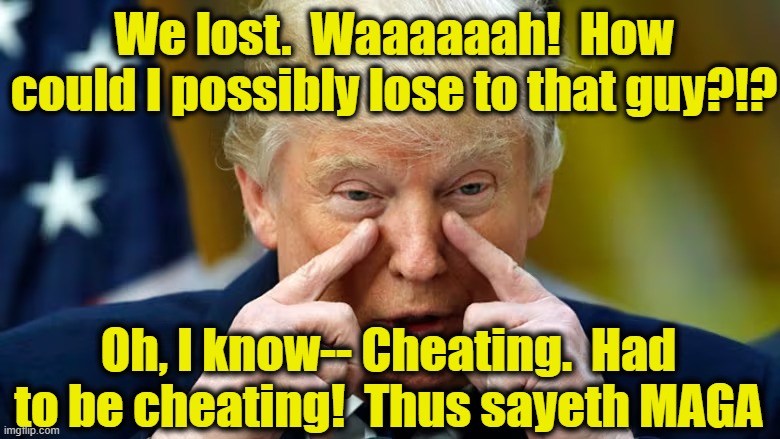 We lost.  Waaaaaah!  How could I possibly lose to that guy?!? Oh, I know-- Cheating.  Had to be cheating!  Thus sayeth MAGA | made w/ Imgflip meme maker