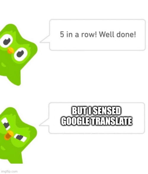 Duolingo 5 in a row | BUT I SENSED GOOGLE TRANSLATE | image tagged in duolingo 5 in a row | made w/ Imgflip meme maker