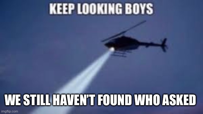 Keep looking boys | WE STILL HAVEN’T FOUND WHO ASKED | image tagged in keep looking boys | made w/ Imgflip meme maker