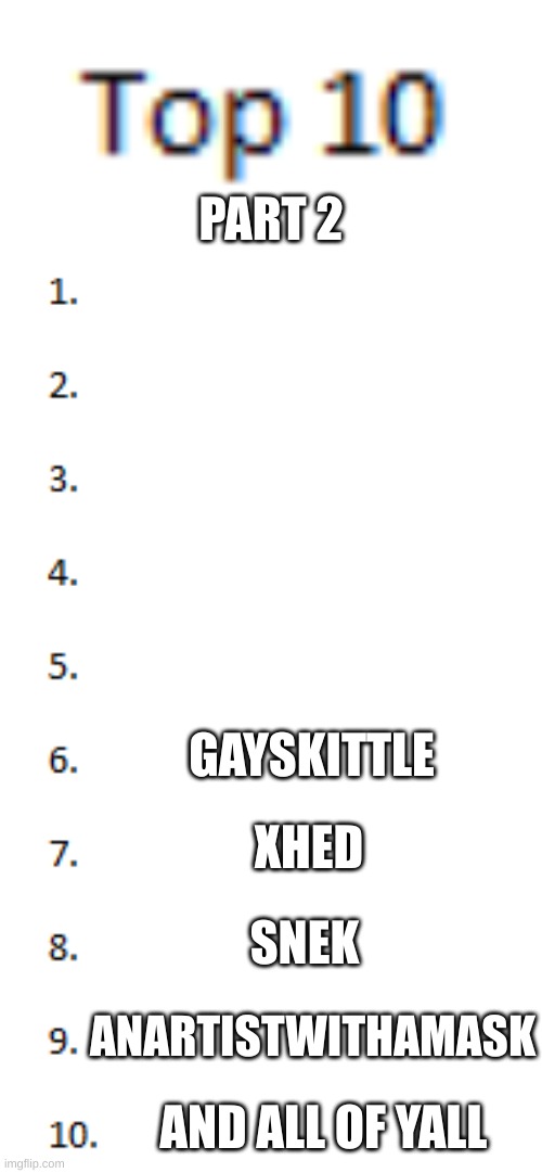 part 2 | PART 2; GAYSKITTLE; XHED; SNEK; ANARTISTWITHAMASK; AND ALL OF YALL | image tagged in top 10 list | made w/ Imgflip meme maker