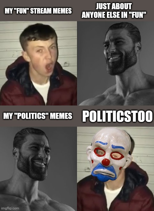 JUST ABOUT ANYONE ELSE IN "FUN"; MY "FUN" STREAM MEMES; POLITICSTOO; MY "POLITICS" MEMES | image tagged in average enjoyer meme | made w/ Imgflip meme maker