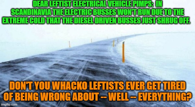 Does anyone remember the last time that leftist hysterics were right about anything? | DEAR LEFTIST ELECTRICAL VEHICLE PIMPS:  IN SCANDINAVIA THE ELECTRIC BUSSES WON'T RUN DUE TO THE EXTREME COLD THAT THE DIESEL DRIVEN BUSSES JUST SHRUG OFF. DON'T YOU WHACKO LEFTISTS EVER GET TIRED OF BEING WRONG ABOUT -- WELL -- EVERYTHING? | image tagged in yep | made w/ Imgflip meme maker