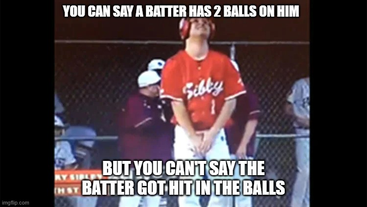 meme by Brad the batter has two balls | YOU CAN SAY A BATTER HAS 2 BALLS ON HIM; BUT YOU CAN'T SAY THE BATTER GOT HIT IN THE BALLS | image tagged in baseball,sports,humor | made w/ Imgflip meme maker