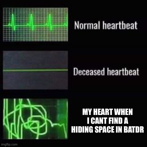 heartbeat rate | MY HEART WHEN I CANT FIND A HIDING SPACE IN BATDR | image tagged in heartbeat rate | made w/ Imgflip meme maker