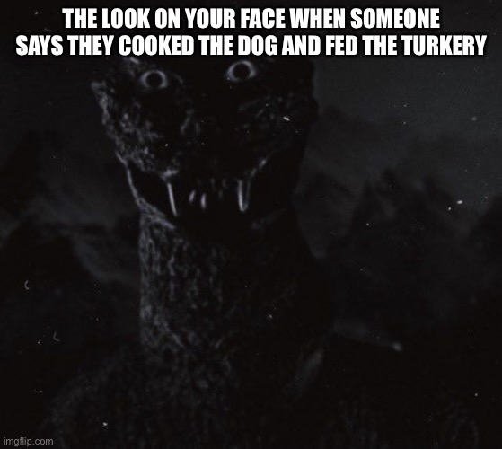 Godzilla with human eyes | THE LOOK ON YOUR FACE WHEN SOMEONE SAYS THEY COOKED THE DOG AND FED THE TURKERY | image tagged in godzilla with human eyes | made w/ Imgflip meme maker