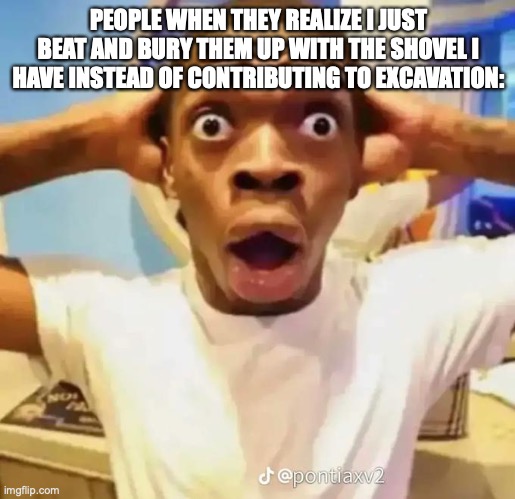 Shocked black guy | PEOPLE WHEN THEY REALIZE I JUST BEAT AND BURY THEM UP WITH THE SHOVEL I HAVE INSTEAD OF CONTRIBUTING TO EXCAVATION: | image tagged in shocked black guy | made w/ Imgflip meme maker