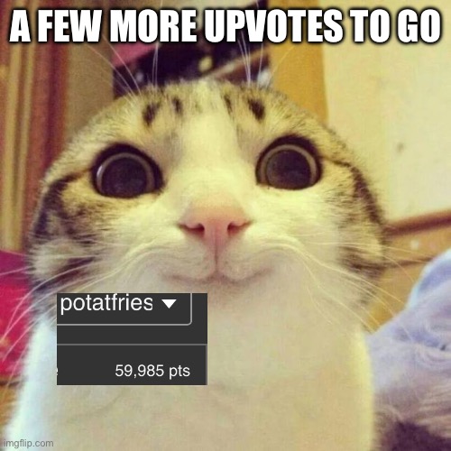 just a few more | A FEW MORE UPVOTES TO GO | image tagged in memes,smiling cat | made w/ Imgflip meme maker