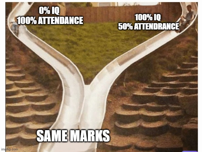 internal marks | 100% IQ 
50% ATTENDRANCE; 0% IQ 
100% ATTENDANCE; SAME MARKS | image tagged in college,exams | made w/ Imgflip meme maker