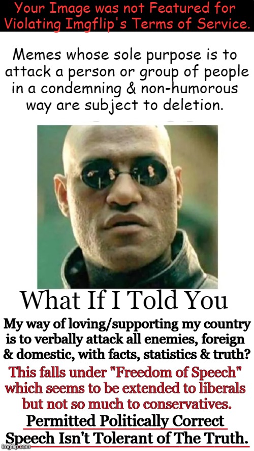 The Left Excludes Exposing Our Enemies Yet Embraces Extremists | Your Image was not Featured for 
Violating Imgflip's Terms of Service. Memes whose sole purpose is to 
attack a person or group of people
in a condemning & non-humorous 
way are subject to deletion. What If I Told You; My way of loving/supporting my country
is to verbally attack all enemies, foreign 
& domestic, with facts, statistics & truth? This falls under "Freedom of Speech" 
which seems to be extended to liberals 
but not so much to conservatives. __________________________; Permitted Politically Correct 
Speech Isn't Tolerant of The Truth. ____________________________ | image tagged in politics,opinion,meanwhile on imgflip,liberals vs conservatives,enemies,america | made w/ Imgflip meme maker