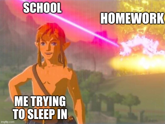 Link being unaffected by everything | HOMEWORK; SCHOOL; ME TRYING TO SLEEP IN | image tagged in link being unaffected by everything | made w/ Imgflip meme maker