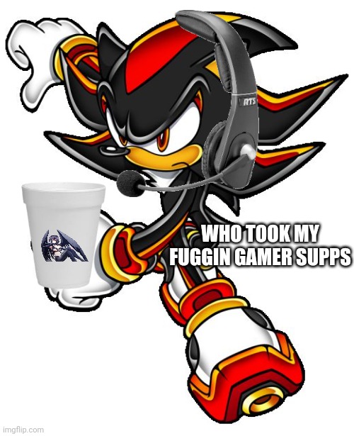Gamer shadow?! | WHO TOOK MY FUGGIN GAMER SUPPS | image tagged in shadow the hedgehog,gamer | made w/ Imgflip meme maker