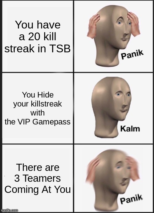 Idk im too lazy to make a title | You have a 20 kill streak in TSB; You Hide your killstreak with the VIP Gamepass; There are 3 Teamers Coming At You | image tagged in memes,panik kalm panik,roblox | made w/ Imgflip meme maker