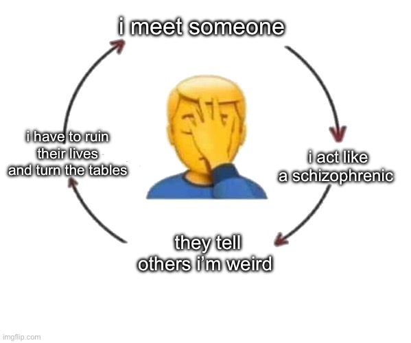 I Meet Someone, We Talk, They Leave | i meet someone; i have to ruin their lives and turn the tables; i act like a schizophrenic; they tell others i’m weird | image tagged in i meet someone we talk they leave | made w/ Imgflip meme maker