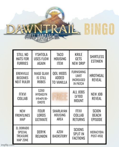 FFXIV Dawntrail Bingo | STILL NO
HATS FOR
FURRIES; Y'SHTOLA USES FLOW
AGAIN; TACO
HOUSING
ITEM; KRILE GETS NEW DRIP; SHIRTLESS ESTINIEN; ERENVILLE BECOMES NEXT RULER; MAGE GLAM
IS STILL
ROBES; QOL MODS ADDED TO VANILLA; FURNISHING LIMIT INCREASED IN PATCH; HROTHGAL REVEAL; FFXVI COLLAB; $200
HYDAELYN
S̶T̶A̶T̶U̶E̶
EMOTE; ALL JOBS
LV100
MOUNT; NEW JOB
REVEAL; NEW FRONTLINES MAP; FOUR LORDS ULTIMATE; SHARLAYAN HOUSING
AREA; FFXV COLLAB
RETURNS; SCION BEACH EPISODE; AZEM BACKSTORY; SCIONS
SPLIT IN
FACTIONS; EL DORADO
SPECIAL TREASURE
MAP ZONE; DERYK REUNION; MERACYDIA
POST-MSQ | image tagged in ffxiv,dawntrail,bingo | made w/ Imgflip meme maker