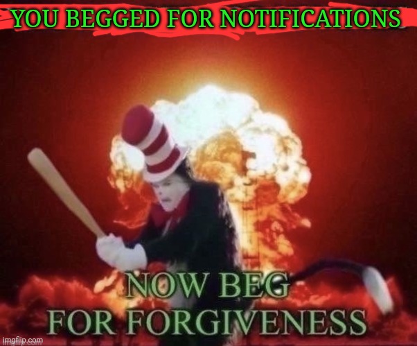 Beg for forgiveness | YOU BEGGED FOR NOTIFICATIONS | image tagged in beg for forgiveness | made w/ Imgflip meme maker