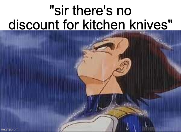 nooo(new item discount trend?) | "sir there's no discount for kitchen knives" | image tagged in sad vegeta | made w/ Imgflip meme maker