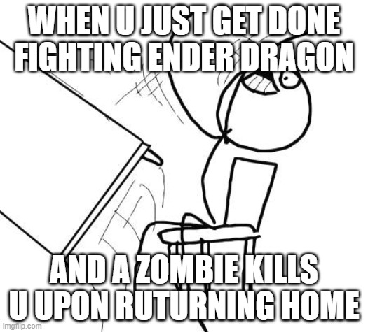 Minecraft Meme | WHEN U JUST GET DONE FIGHTING ENDER DRAGON; AND A ZOMBIE KILLS U UPON RUTURNING HOME | image tagged in memes,table flip guy | made w/ Imgflip meme maker